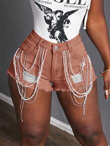 Slaydiva Women's Distressed Pocket Beaded Chain Decor Fashion Denim Shorts - Pink - View 1