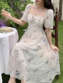 DAZY Đầm hè thanh lịch dành cho nữ, in hoa, cổ vuông, tay phồng, thắt eo, thích hợp cho kỳ nghỉ. - Màu be - Xem 1