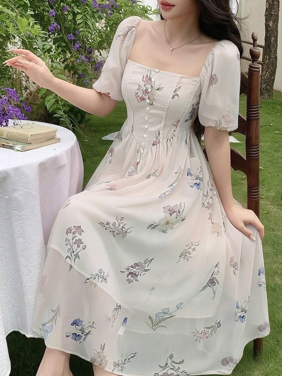 DAZY Đầm hè thanh lịch dành cho nữ, in hoa, cổ vuông, tay phồng, thắt eo, thích hợp cho kỳ nghỉ. - Màu be - Xem 1