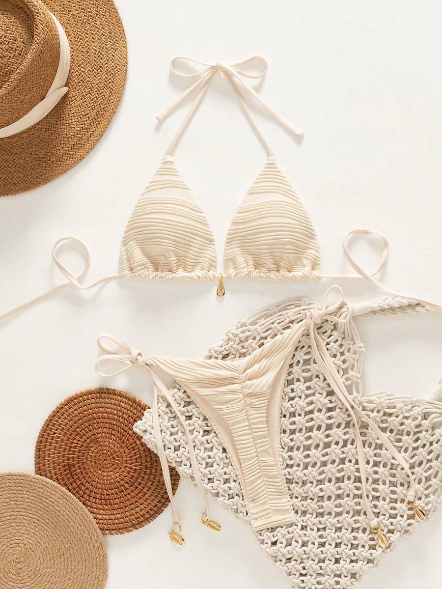 Swim Vcay 春假纯色纹理比基尼泳装 - 杏色 - 查看 1