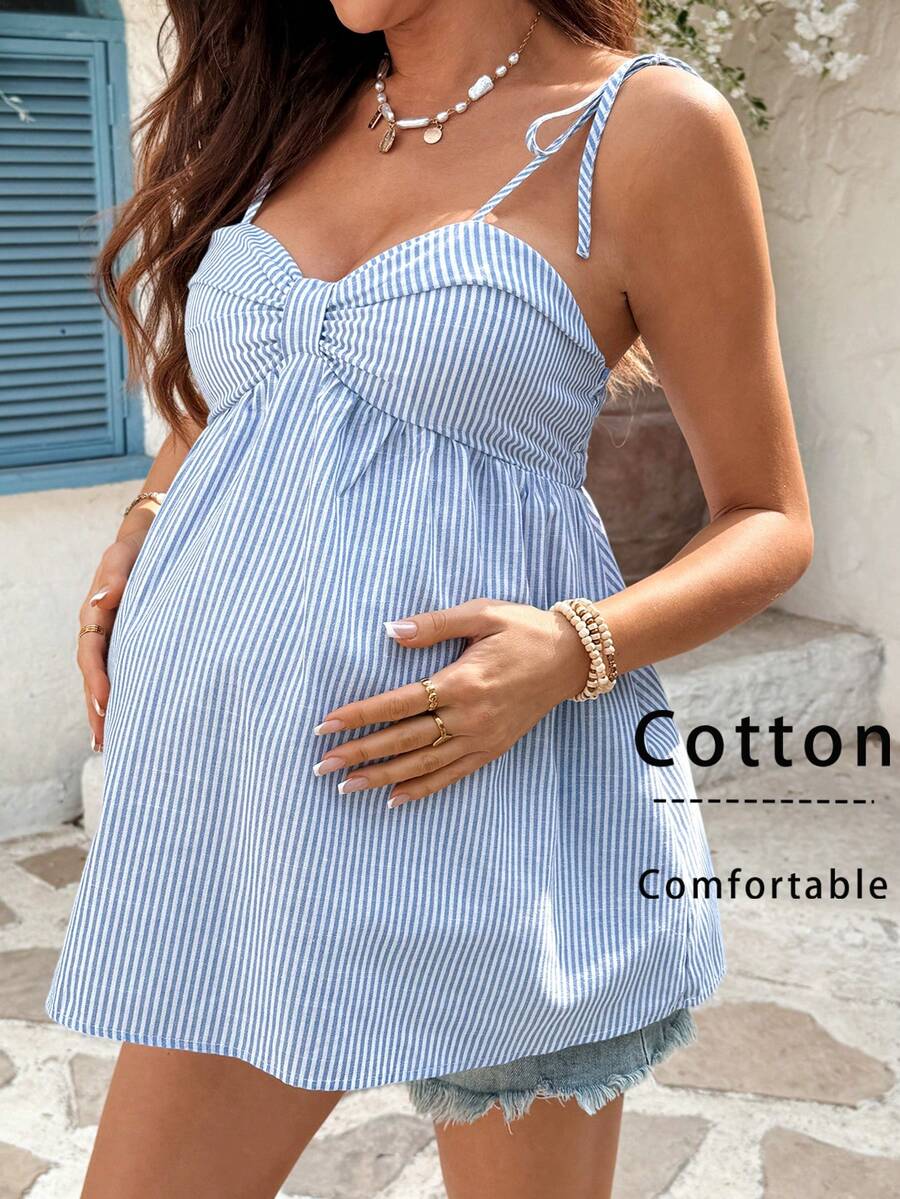 SHEIN Áo hai dây kẻ sọc dáng rộng dành cho bà bầu - Màu xanh lam - Xem 1