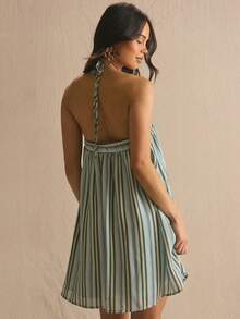 MUSERA Vestido mini de verano con cuello halter y estampado de rayas, fluido y cómodo, lindo y apropiado para uso diario, vacaciones, días soleados y eventos sociales como Pascua - Multicolor - Ver 5