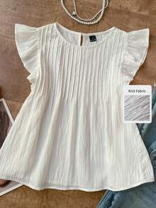 SHEIN EZwear Summer Women's Woven White Blouse With Round Neck, Ruffle Trim And Loose Fit Flare Sleeves Smocked Top White Babydoll Top White Ruffle Top Flutter Sleeve Top - White - View 6