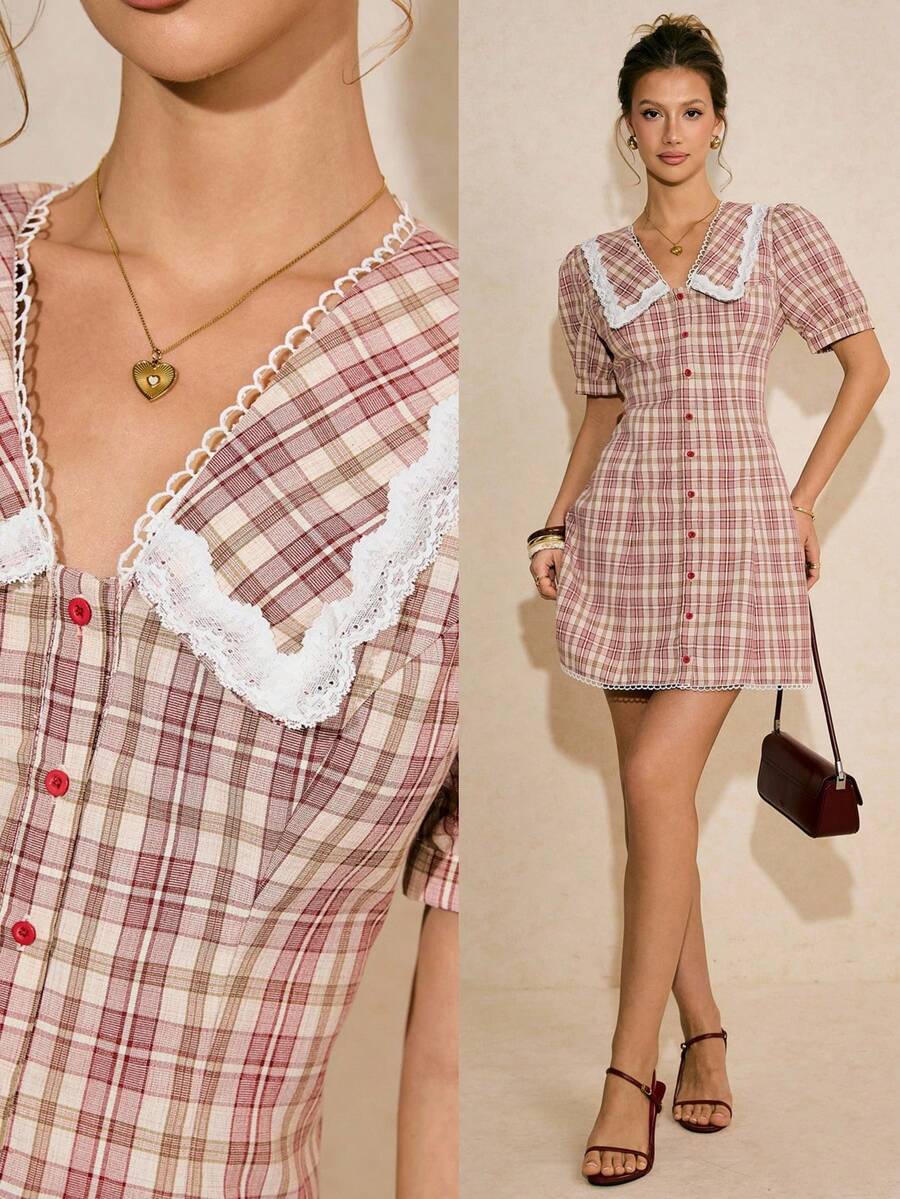 Poéselle 女士格子印花荷叶领休闲短袖迷你连衣裙