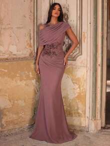 Aureia Women's Elegant Gray-Pink Chiffon Fabric Round Neck Sheer Long Sleeve Ruched Sequin Applique Micro-Mermaid Hem Dress, Suitable For Mother Of The Bride Weddings, Events, Parties, Formal Occasions Mauve Formal Dress Evening Gown Mother Of Groom Dress Mother Of The Bride Dresses Elegant Dress Dress Elegant Evening Dress - Rust Brown - View 5