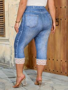 SHEIN CURVE+ Quần legging nữ dáng ôm US22, thích hợp cho lễ hội âm nhạc, kỳ nghỉ bên bờ biển, phong cách bohemian, họa tiết denim. - Màu xanh lam - Xem 3