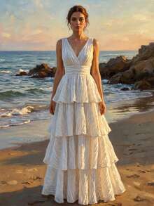 Ellevyn 女士V领收腰豹纹层叠无袖连衣裙，优雅日常穿着，春夏秋季皆宜 - 白色 - 查看 14