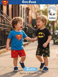 SUPERMAN X Cozy Pixies 4 قطع طقم ملابس علوية كم قصير رقبة طاقم وشورت خصر مطاطي بنمط طفل ولد ناعم المنسوج - الأحمر - مشاهدة 11