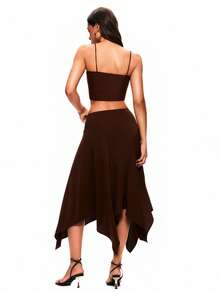 TypaGal 女士纯色不对称下摆休闲半身裙 - 棕色 - 查看 2