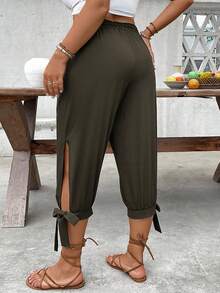 Breezaya Plus Size High Waist Drawstring 7/8 Pants, Spring/Summer Lace Up Pants Cropped Pants - Army Green - View 4