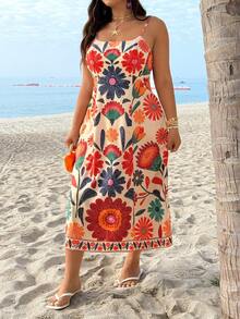 GalTyme 大码热带印花无袖连衣裙，春夏款 - 彩色 - 查看 3