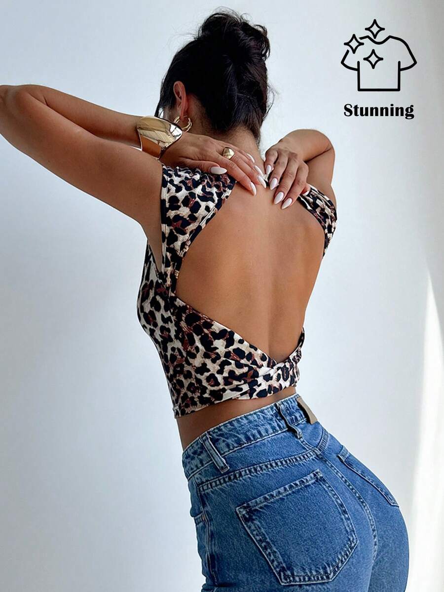 Firerie Leopard Print Short-Sleeved Backless T-Shirt Sexy Top Figure Flattering Alluring Comfortable Soft Breathable  Carnival Beach Going Out Holiday Outfits Y2k Casual