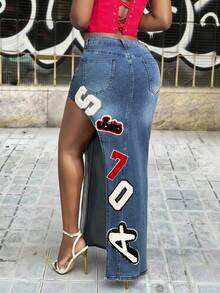 Slaydiva 女士性感休闲时尚街头风日常通勤字母印花高开衩修身牛仔迷你裙，夏季 - 藍色 - 查看 2