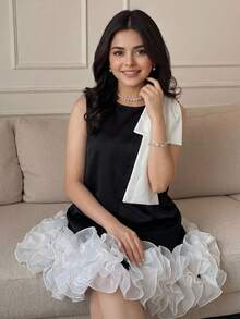 SHEIN Teen Girl Bowknot Ruffle Hem H-Line Party Dress Black Dress With White Bow Ruffle Trim Dress Black White Dress Sleeveless Dress - Black and White - View 1