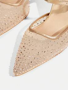 CUCCOO TILAWA 女士夏季新款闪亮水晶网纱尖头细高跟鞋，优雅迷人金色网纱露趾高跟鞋，礼服鞋，新娘鞋，伴娘鞋，时尚派对晚宴婚礼鞋 - 香檳色 - 查看 10