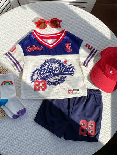 SHEIN 2pcs/Set Unisex Baby Boy/Girl Casual Sporty Color Block Jersey Set, Short Sleeve Knit Top, Spring/Summer Baby Clothes, Outfits