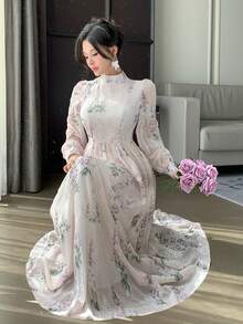 DAZY Women's Textured Fabric Printed Loose Dress With Stand Collar, Vacation Style - Pink - View 5