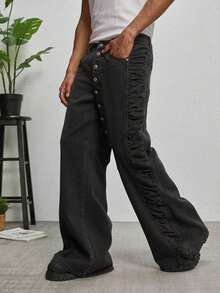 GALLERY FADE Men's Button Front Pocket Wide Leg Loose Fit Jeans - Dark Grey - View 3