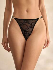 Charlaine Black Lace Patchwork, Rhinestone, Shiny, Sheer, Romantic French, Elegant & Refined Women's Thong Panty - Black - View 3
