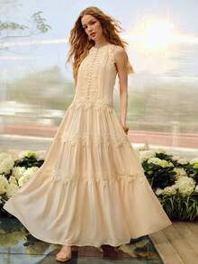 MOTF PREMIUM WOMEN'S ROMANTIC CONTRAST LACE CASUAL LONG DRESS, SPRING/SUMMER - Apricot - View 6