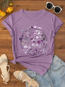 INAWLY Áo thun nữ cổ tròn tay ngắn in họa tiết hoa mùa hè - Màu Lilac Tím - Xem 1