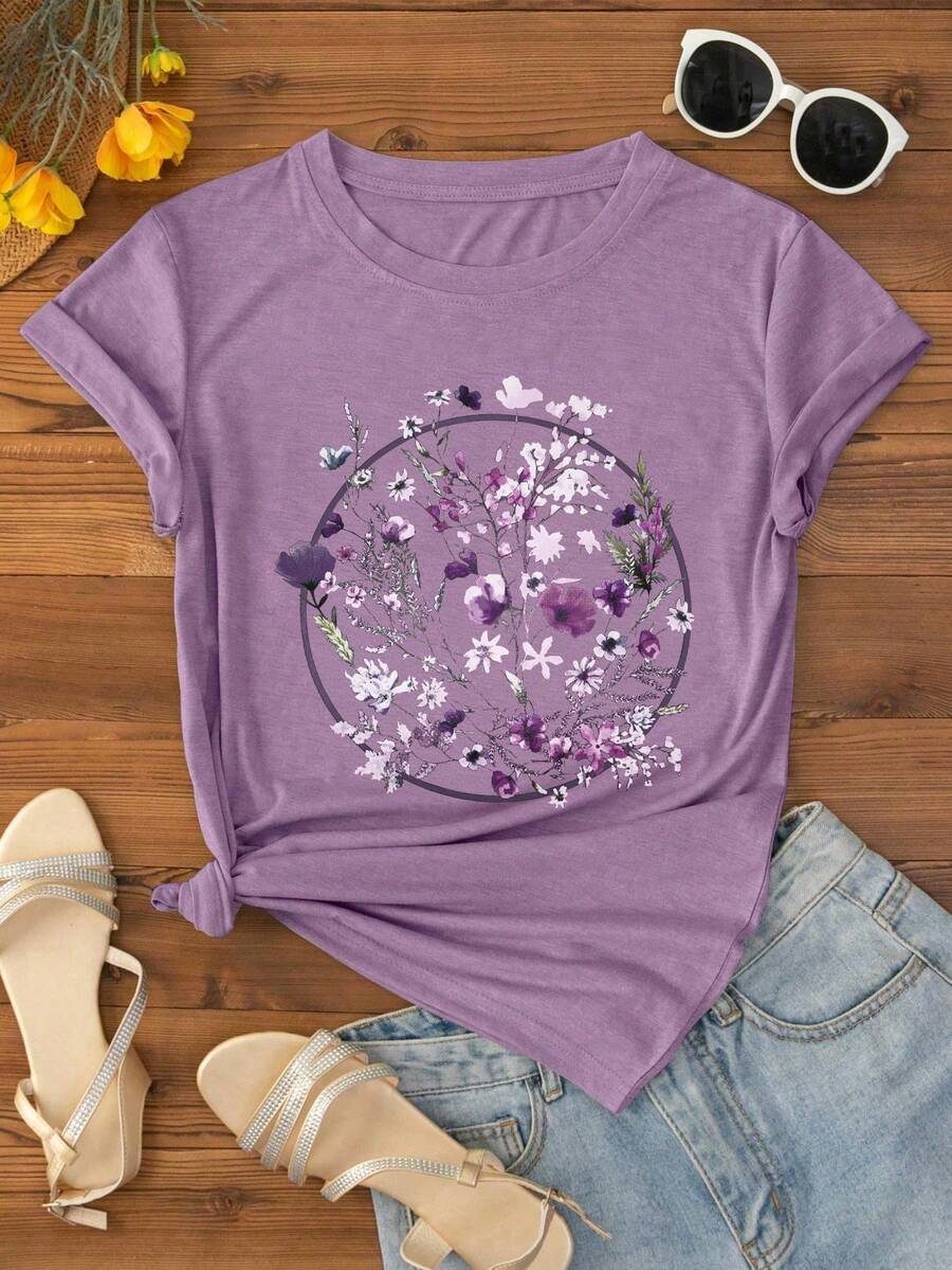 INAWLY Áo thun nữ cổ tròn tay ngắn in họa tiết hoa mùa hè - Màu Lilac Tím - Xem 1