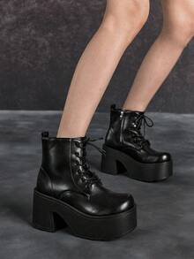 Sugerpunk Women Heeled Sandals~ 2026 New Fashion Autumn And Winter Punk Style Dark PU Round Toe Lace-Up Inner Heightening Boots Thick Sole High Heel Small Ankle Boots Versatile And Thin Riding Boots - Black - View 1