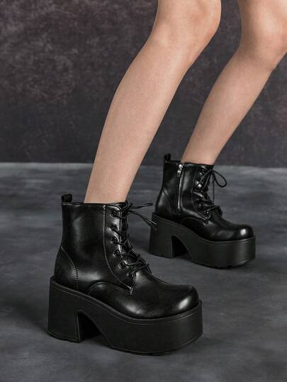 Sugerpunk Women Heeled Sandals~ 2026 New Fashion Autumn And Winter Punk Style Dark PU Round Toe Lace-Up Inner Heightening Boots Thick Sole High Heel Small Ankle Boots Versatile And Thin Riding Boots