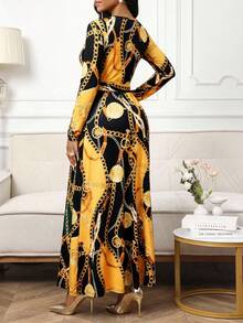 SHEIN Lady Women's Fashionable Commuter Colorblock Chain Print Long Dress - Yellow - View 2