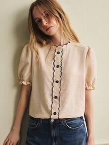 Écloséra Daily Versatile Elegant Temperament Commuting Casual Short Sleeved Khaki Women's Shirt Summer Wear Women's Commuting Wear Ruffled Women's Shirt Women's Elegant Top Women's Casual Top Women's Social Top Embroidered Lace Collar Button Decoration Women's Spring And Summer Top Shirt Scalloped Trim Blouse Puff Sleeve Top Blouse For Women Casual Modern Latest Tops For Women New Arrivals French Style Clothes Women - Khaki - View 1