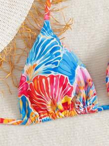 Swim Mod Summer Vacation Sexy Fashion Allover Shell Print Halter Tie Two Pieces Bikini Set - Multicolor - View 3