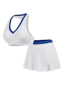 Cheerettes Women's Casual Pleated Patchwork Top And Mini Skirt Sports Set - أبيض - مشاهدة 14