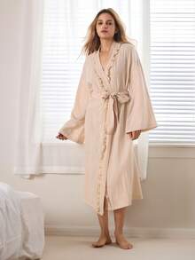 Ocili Minimalist Comfortable Wood Frill Trim Long Robe, Women Sleepwear - Apricot - View 7