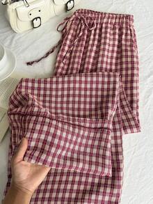 Comfortcana 夏季纯色褶皱纹理面料宽松抽绳腰带休闲度假阔腿裤，大码 - 紅色 - 查看 9