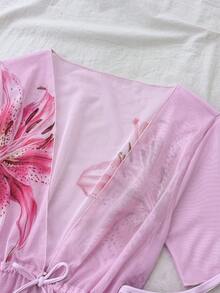 SHEIN 少女碎花三件套泳衣，夏季夏威夷海滩度假 - 粉色 - 查看 8