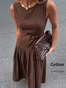 Editum Đầm dài nữ kiểu dáng thanh lịch, màu trơn, chất liệu 100% cotton, mềm mại, thoáng mát như vải lanh, phù hợp cho đi làm hàng ngày, công sở và nhiều dịp khác. - màu nâu - Xem 2