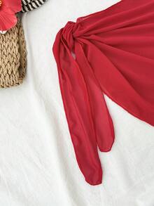 SHEIN 少女三件套泳衣，樱桃印花比基尼配沙滩裙 - 紅白色 - 查看 9