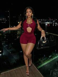 Slaydiva Burgundy Women's Strapless Jumpsuit With Metal Buckle - Red - View 6