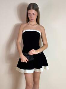 Aless PB Gramin Women's Black Velvet Stitching Contrasting Pleated Fashion Is Simple And Charming. Strapless Large Skirt Zipper Mini Dress Princess Style Elegant And Generous Suitable For Date Parties And Valentine's Day Date Wear Versatile Item Staples Black Dress Cut Black Dress Black Homecoming Dress Halloween, Christmas Party - Black - View 3