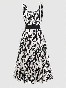 GlowEve Women's Leaf Silhouette Pattern Waist A-Line Dress, Elegant Charming Casual Vacation Beach Commute Fashion Date French Street Retro Versatile Spring Summer Apricot Base Black Print New Sleeveless Midi Dress - Multicolor - View 2