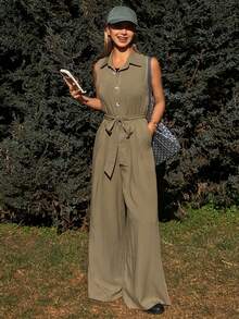 Livesso Women's Sleeveless Collared Jumpsuit With Waist Cinching - Green - View 7