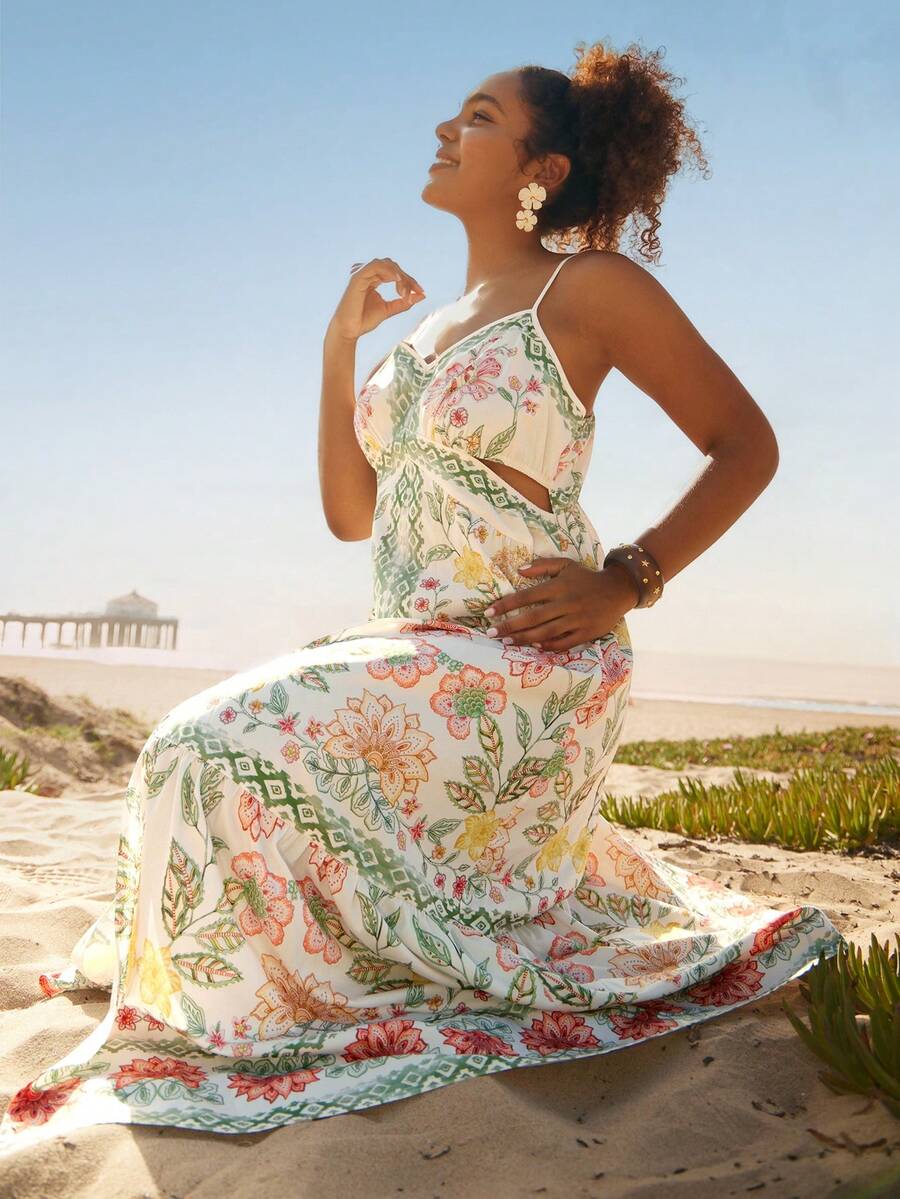 Travachic 大码女式热带植物印花连衣裙，吊带露腰宽松长裙，适合度假和日常穿着 - 彩色 - 查看 1