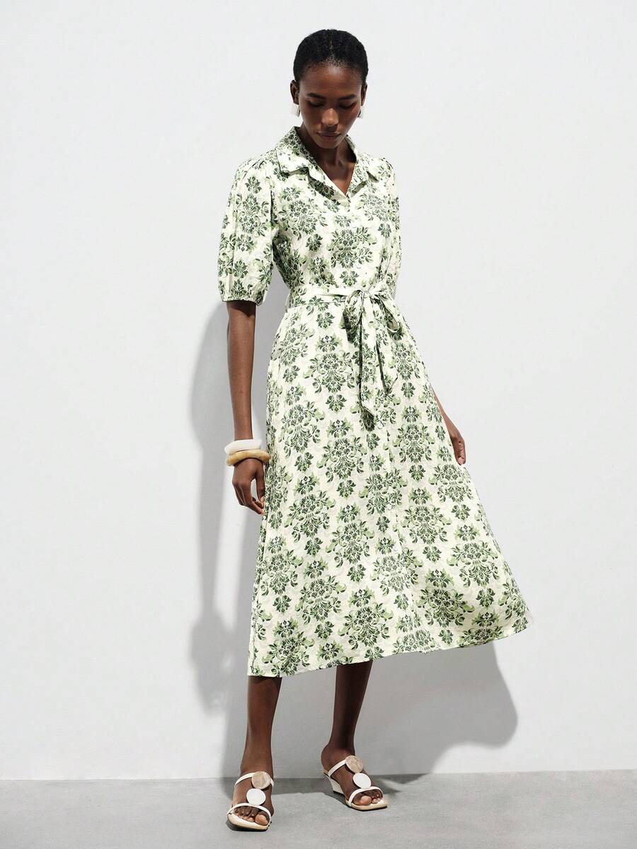 Aveloria Modichic Rochie elegantă de damă pentru navetă, zi de zi și vacanță, cu imprimeu minimalist, rever, mânecă bufantă, talie strânsă și nasturi în față - Verde - Vizualizare 1