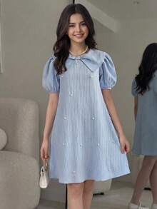 SHEIN 少女派对礼服，荷叶边蝴蝶结设计连衣裙 - 藍色 - 查看 5