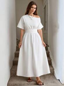 Easowa Elegant White Summer Tea Party Dress For Women,Dropped Shoulder Cinched Waist A-Line Midi Dress,Off Shoulder Modest Wedding Guest Graduation Attire - White - View 1