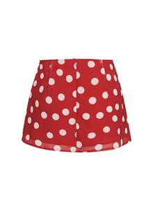 Qadelle Bộ đồ 2 món dành cho nữ mùa hè, gồm áo và chân váy ngắn bằng vải chiffon chấm bi đỏ trắng, cổ bèo bất đối xứng. - Đỏ - Xem 7