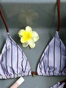 Swim Mod Women's Sweet Geometric Striped Contrast Color Vacation Swimwear Set - Multicolor - View 4