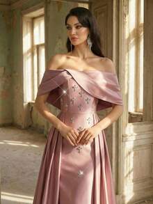 Aureia Women's Elegant Luxurious Stretch Knit & Satin Off Shoulder Mermaid Hem Dress With Sequins,Formal Evening Gown Glamorous Off Shoulder Formal Dresses - Brown - View 2