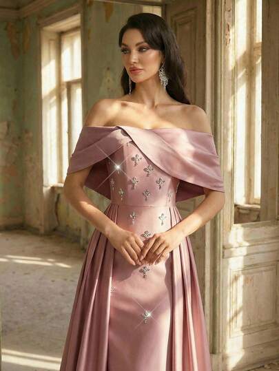 Aureia Elegant Luxurious Stretch Knit & Satin Off Shoulder Mermaid Hem Dress With Sequins For Women, Formal Evening Gown Off Shoulder Formal Dress Evening Elegant Dresses Gowns Glamorous Dress