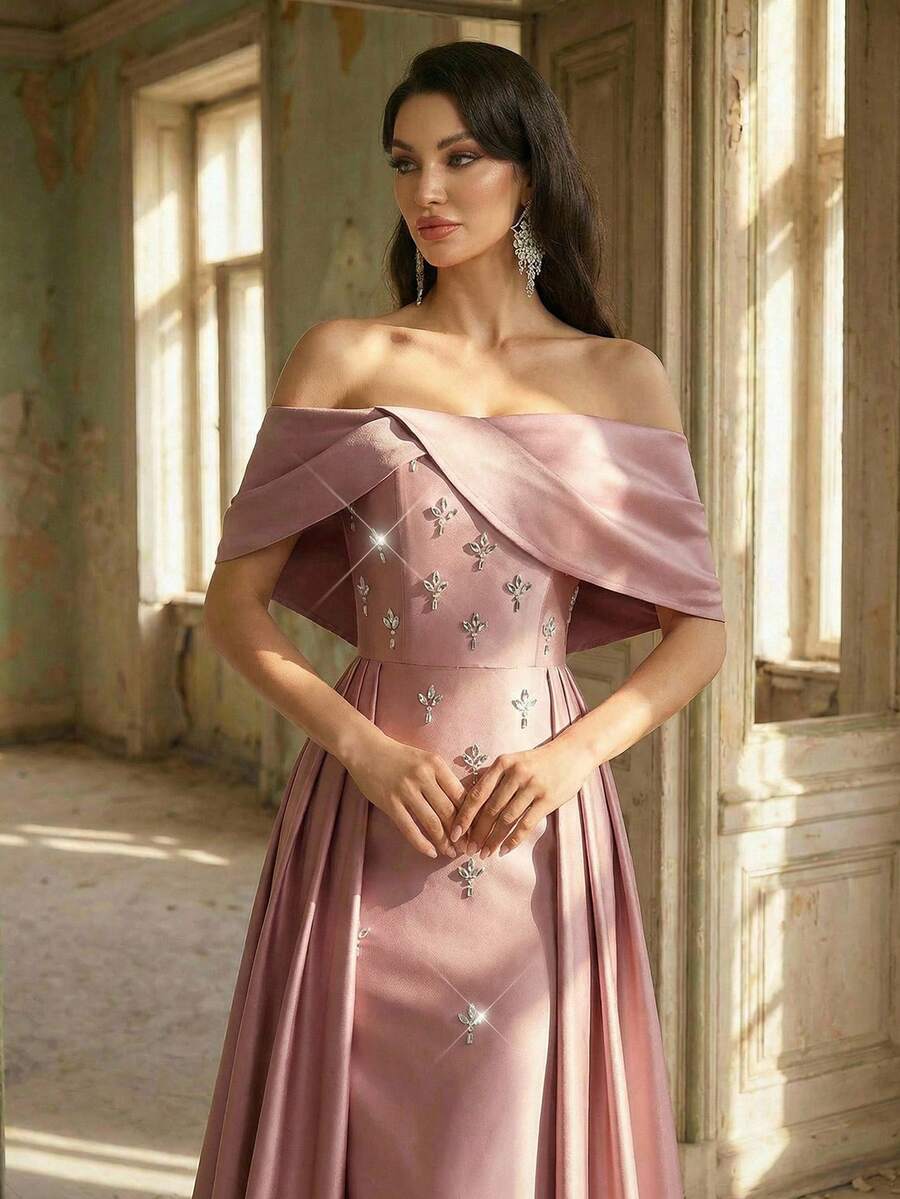 Aureia Women's Elegant Luxurious Stretch Knit & Satin Off Shoulder Mermaid Hem Dress With Sequins,Formal Evening Gown Glamorous Off Shoulder Formal Dresses